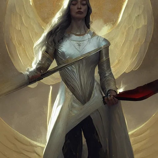 Prompt: angelic winged humanoid with an upside-down marble head holding a golden sword, digital art, by Fernanda Suarez and and Edgar Maxence and greg rutkowski