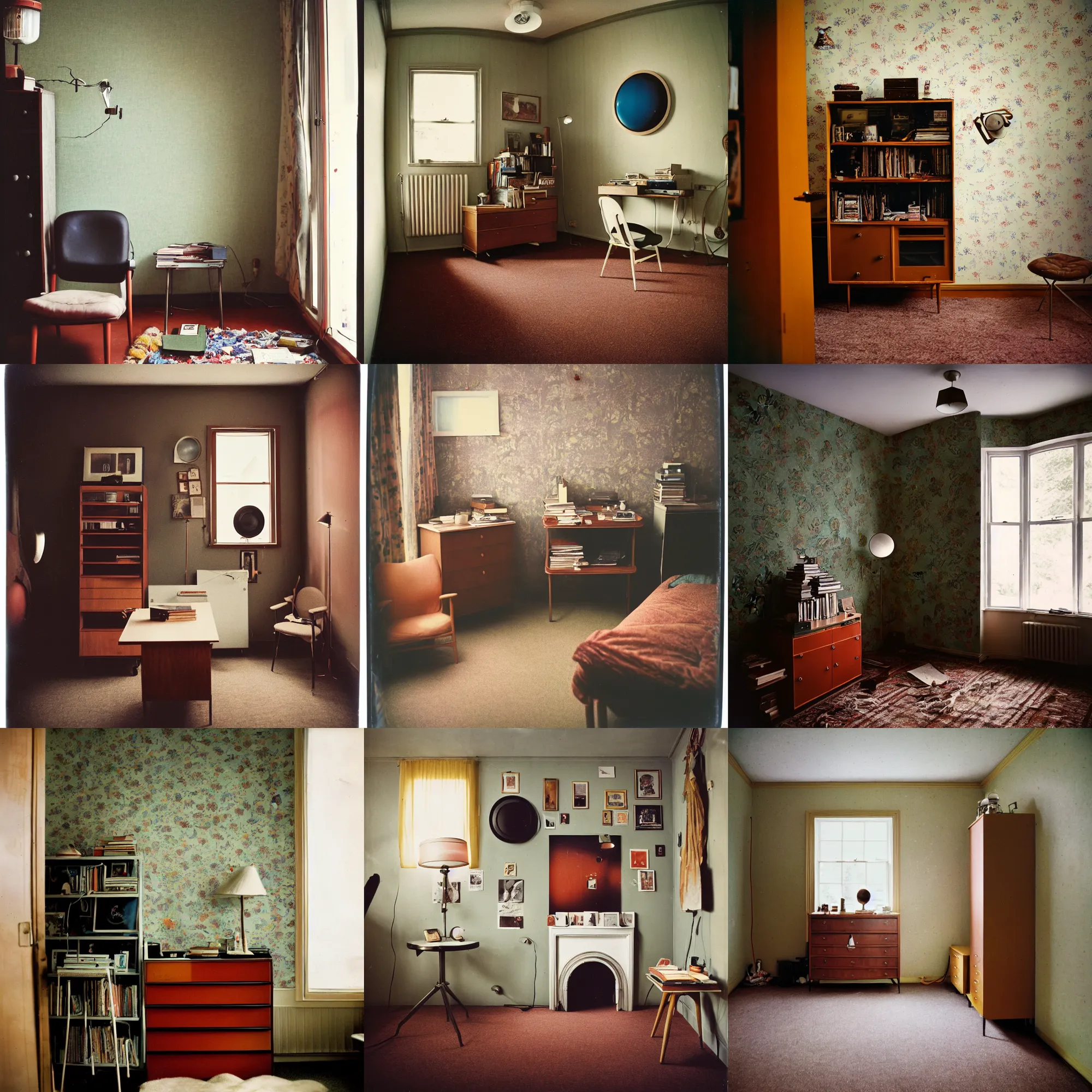 Image similar to kodak portra 4 0 0, wetplate, 8 mm extreme fisheye, award - winning portrait by britt marling of a 1 9 6 0 s room, picture frames, shining lamps, dust, 1 9 6 0 s metal bauhaus furniture, wallpaper, carpet, books, muted colours,