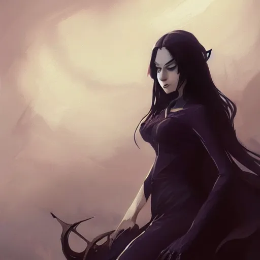 Image similar to female human vampire witch in the style of greg rutkowski, makoto shinkai, trending on artstation, character design, concept art, pretty face, highly detailed, long black hair, portrait, digital art