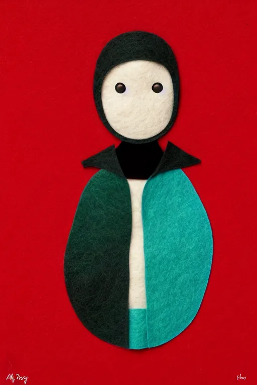 Image similar to ! felt illustration, portrait of a small character, wearing a hood, in the style of anri matiss