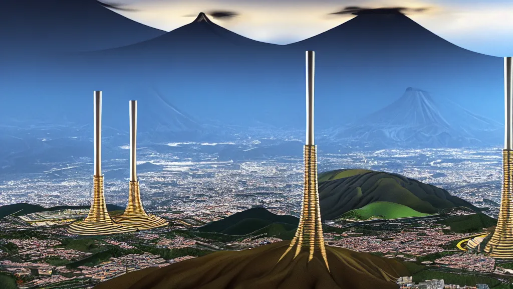 Image similar to Epic Nuclear power towers gracefully over the mountain valley of Quito, Ecuador; by Oswaldo Moncayo and Vincent Callebaut; oil on canvas; Art Direction by James Cameron; Location: Quito Ecuador 4K, 8K; Ultra-Realistic Depth Shading