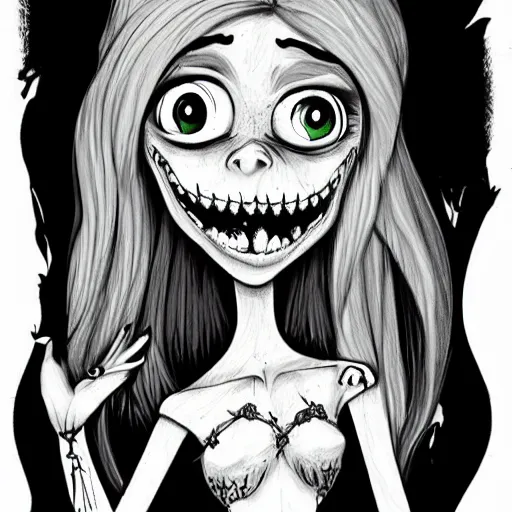 Image similar to grunge drawing of a cartoon creature with big eyes and a wide smile by mrrevenge, corpse bride style, horror themed, detailed, elegant, intricate