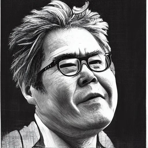 Image similar to Yoshitaka Amano realistic illustration of jeb bush ,hair fluttering in the wind, wrinkles on his face, abstract black and white patterns on the background, noisy film grain effect, highly detailed, Renaissance oil painting, weird portrait angle, blurred lost edges, three quarter view