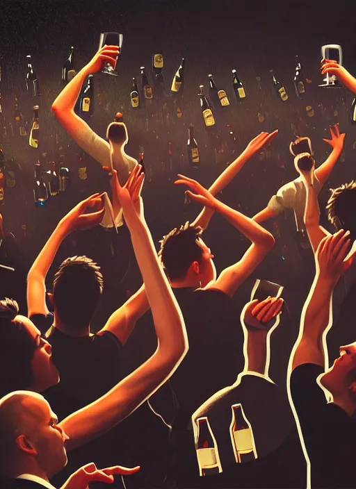 Prompt: image of group of people very drunk dancing chaotic and large technics dj table front of picture, beer bottles flying in the air, dark backround, highly detailed, digital illustration, trending in artstation, modern painting, smooth, sharp focus, intricate, einar jonsson and bouguereau