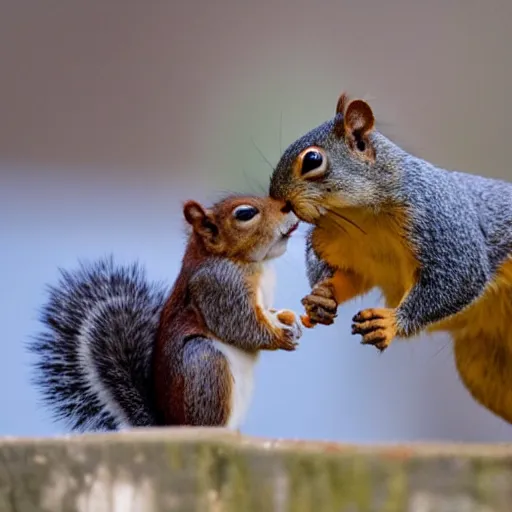 Image similar to close up of squirrel punching a blackbird, cinematographic shot,