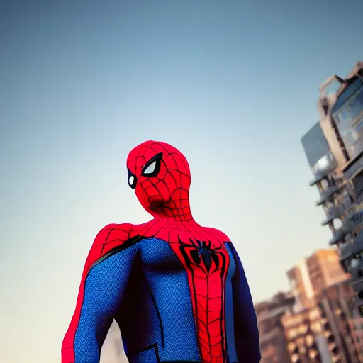 Image similar to fully red spider-man with blue hoodie, 4k realistic photo
