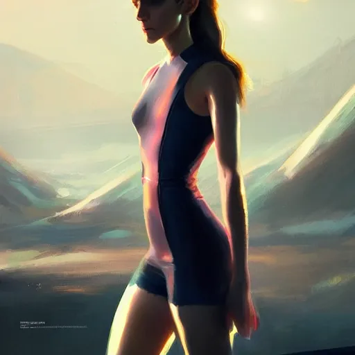 Image similar to a portrait of emma watson wearing skintight dress, futuristic earth in the background as seen by greg rutkowski, light theme, enchanted, warm colors, high quality, waw, trending on artstation