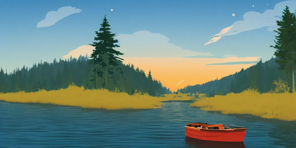 Image similar to An illustration in the style of Firewatch featuring a river surrounded by forest and fields. A boat is slowly moving through the water