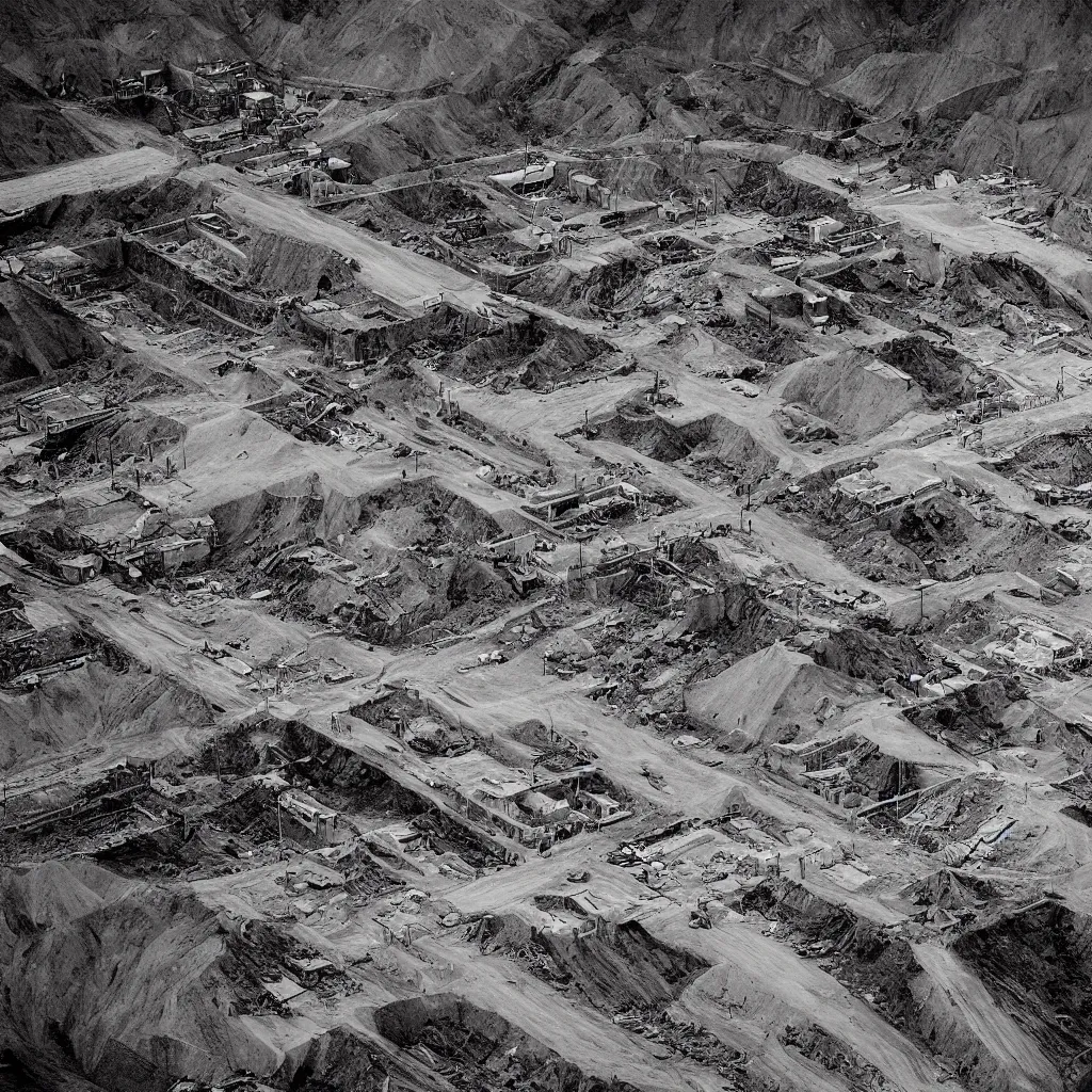 Prompt: mining tailings burying the city of chuquicamata, drawing by piranesi, composition, cinematic, rule, grid