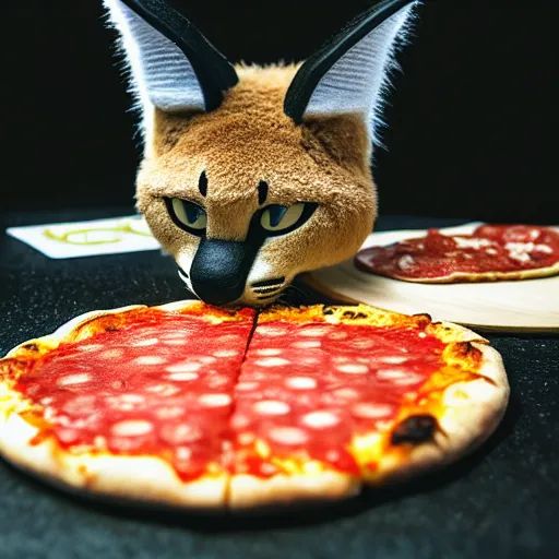 Image similar to a macro photo of cute fluffy caracal toy and a slice of pizza, cheese and pepperoni, hyper realistic, hyper detailed, 35mm, very grainy film, volumetric studio lighting, bokeh, black background award winning shot, vogue magazine, cinematic, 8k, very closeup, elegant, tender, pastel