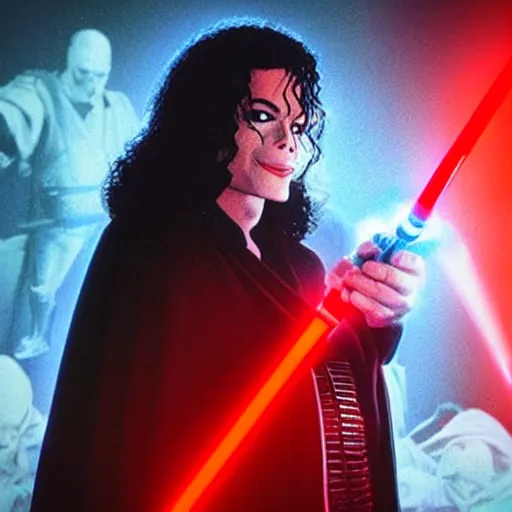 Image similar to “Michael Jackson as Emperor Palpatine wielding a glowing red lightsaber, cinematic lighting, action, explosions, highly detailed, 8k resolution”