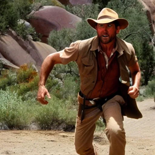 Prompt: Indiana Jones running from boulder