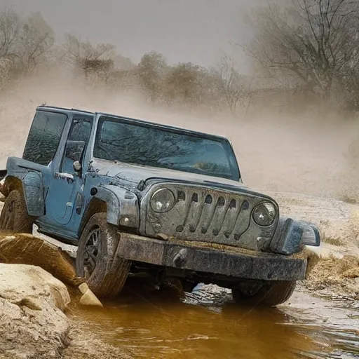 Image similar to a muddy 1997 hardtop white Jeep Wrangler drowning in quicksand, digital art, beautiful iridescent fog swallows the dirty swamp, gritty, cinematic, extraordinary colorful landscape, photorealistic, soft vintage glow