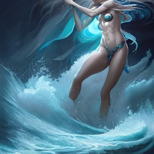 Prompt: powerful goddess of water striding through a stormy sea, highly detailed matte fantasy painting, stormy lighting, by Ross Tran and Artgerm and Peter Mohrbacher