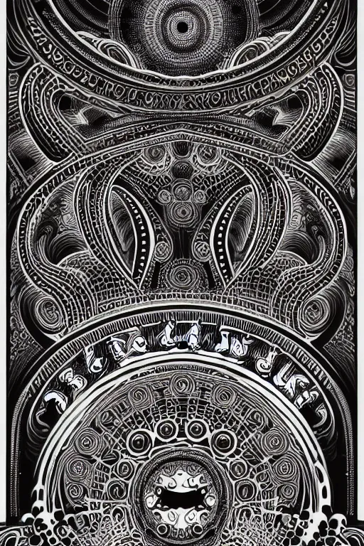 Image similar to Flowing lettering that says The Bozone, Fillmore concert poster for The Bozone by Robert Crumb, by Victor Moscoso, by Laurie Lipton, black light velvet poster, intricate paisley filigree, Bozo the clown. Clown motif, Shiny bulbous red clown nose at the center of an infinite fractal mandala tunnel of clowns, Unreal Engine, Cryengine, Artstation