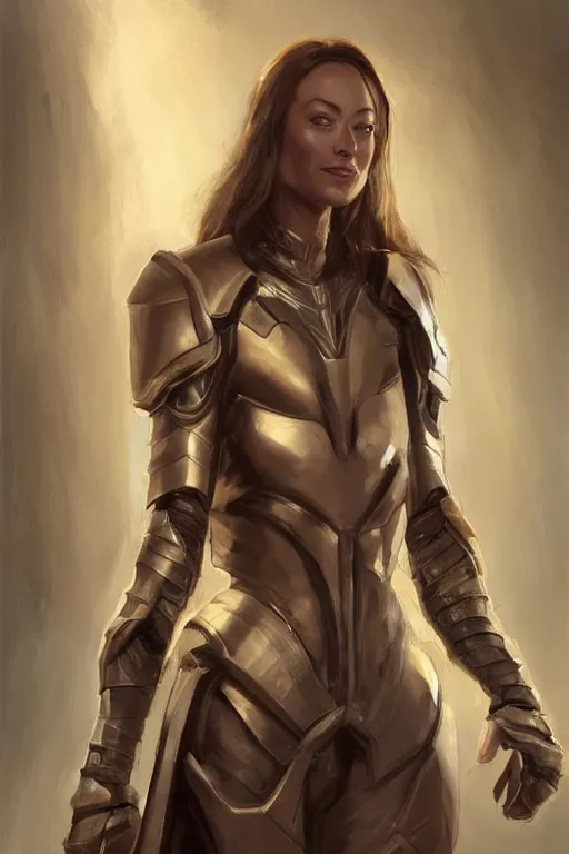 Image similar to a professional painting of a young Olivia Wilde, clothes in military armor, olive skin, long dark hair, beautiful bone structure, symmetrical facial features, intricate, elegant, digital painting, concept art, smooth, sharp focus, illustration, from StarCraft by Ruan Jia and Mandy Jurgens and Artgerm and William-Adolphe Bouguerea