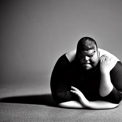 Prompt: a professional black and white studio photo of a large plump man failing to do a simple exercise lying flat on the ground crying he can't do it failure grainy sad tears depressing