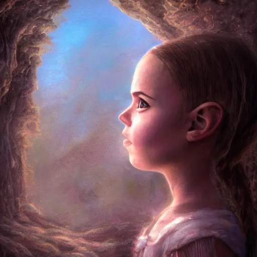 Image similar to crying little girl on the mountain of skull, sadness, natalie portman, pigtails hairstyle, dark fantasy, backlit, detailed and intricate environment