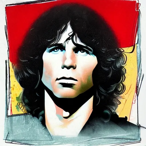 Prompt: Jim Morrison, The Doors, 1970's, Detailed, Mixed Media, Cream paper, black, red, cyan, DeviantArt
