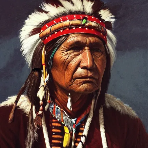 Image similar to a painting of a native american chief, in traditional dress, by atrgerm