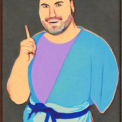 Image similar to brian houston of hillsong as a sumo wrestler in the style of a 1 9 6 0 s vintage portrait, pastel background