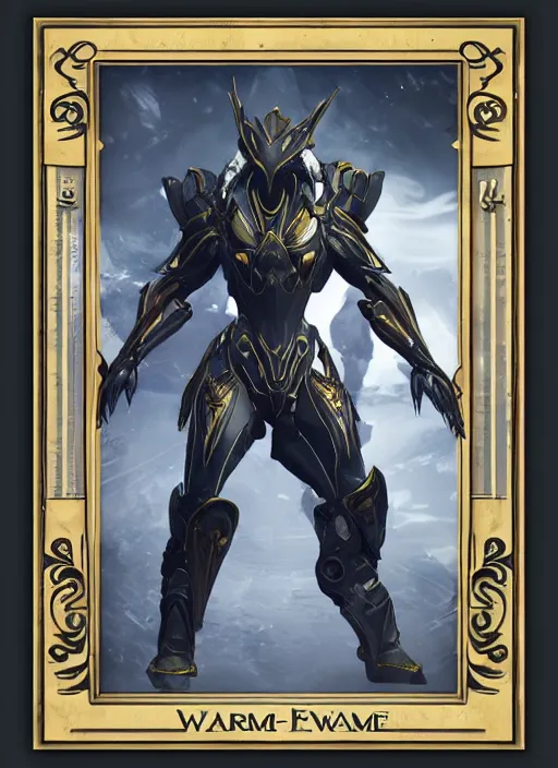 Image similar to warframe with trading card design and ornate border frame, art station, full card design