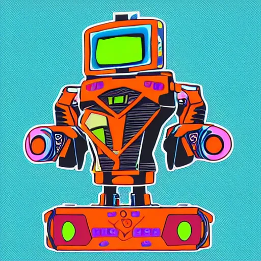 Image similar to svg vector sticker of absolutely insane-mad-robotic-hero-villain, rocking out, wearing headphones, huge speakers, dancing, rave, DJ, spinning records, digital art, amazing composition, rule-of-thirds, award-winning, trending on artstation, featured on deviantart