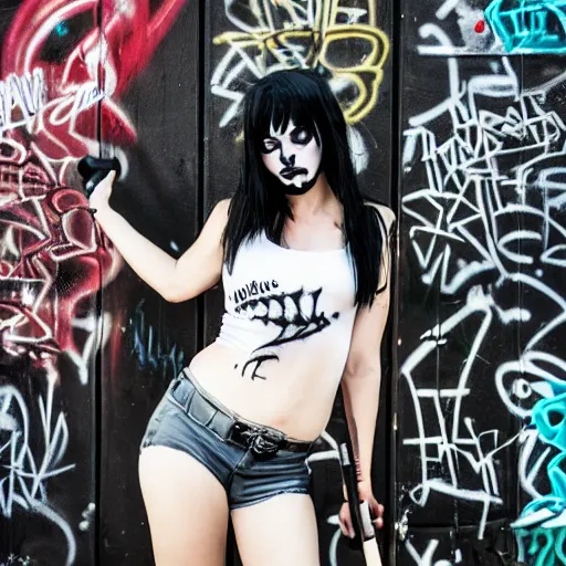 Prompt: a goth girl standing, graffiti background, holding baseball bat with nails