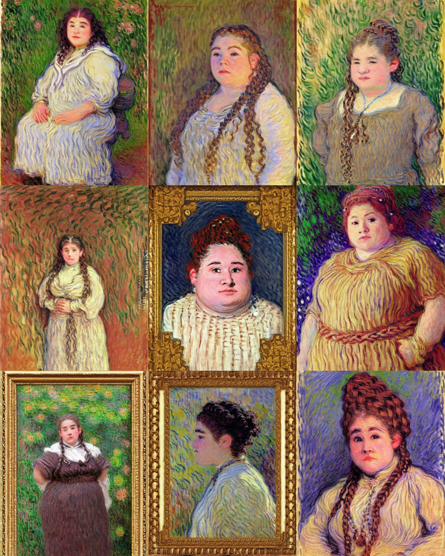 Prompt: female dwarven noblewoman, chubby short stature, braided intricate hair, by claude monet