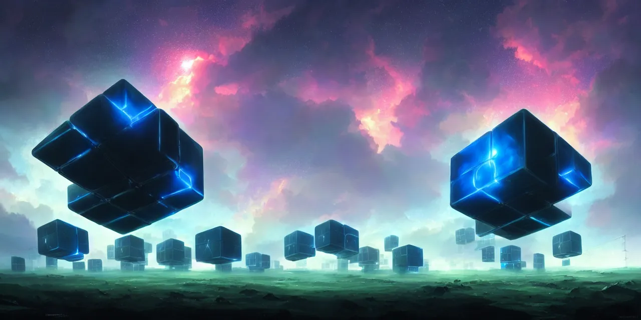 Image similar to a fleet of giant glowing futuristic cubes tied to each other with huge thick messy wires in the sky, a fantasy magical landscape seen in the distance, atmospheric lighting, intricate, volumetric lighting, beautiful, sharp focus, ultra detailed, in the art style of marc simonetti, bowater charlie and brom gerald, astrophotography