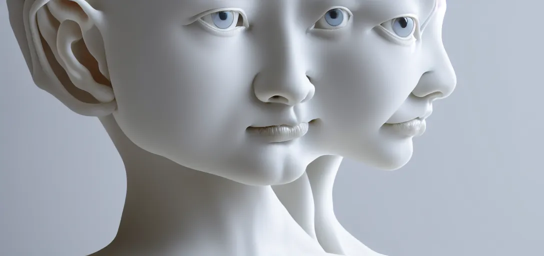 Image similar to symmetry!! full head, shoulders and bust, beautiful female porcelain sphinx body sculpture by daniel arsham and raoul marks, intricate, elegant, highly detailed, digital painting, artstation, concept art, smooth, sharp focus, all white features on a white background, delicate facial features, golden ratio composition,