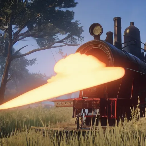 Image similar to futuristic sleek steam locomotive in red dead redemption 2