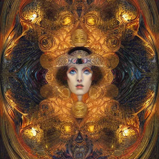 Image similar to Divine Chaos Engine by Karol Bak, Jean Deville, Gustav Klimt, and Vincent Van Gogh, celestial, visionary, sacred fractal structures, ornate gilded medieval icon, spirals
