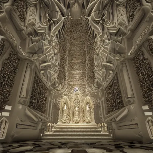 Prompt: cinematic unreal engine render of a massive mandelbrot fractal cathedral interior carved out of ivory and populated entirely by mandelbrot fractals, carved ivory, carved soap, carved stone, white color scheme, opalescent, hyperrealistic, octane render, catholicpunk, angelic, fractals, photorealism,