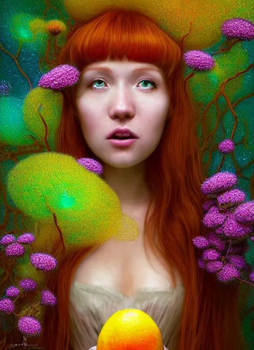 Prompt: hyper detailed 3d render like a Oil painting - kawaii fullbody standing portrait Aurora (auburn haired Singer Weasle waif) seen Eating of the Strangling network of yellowcake aerochrome and milky Fruit and Her delicate Hands hold of gossamer polyp blossoms bring iridescent fungal flowers whose spores black the foolish stars by Jacek Yerka, Mariusz Lewandowski, Houdini algorithmic generative render, Abstract brush strokes, Masterpiece, Edward Hopper and James Gilleard, Zdzislaw Beksinski, Mark Ryden, Wolfgang Lettl, hints of Yayoi Kasuma, octane render, 8k