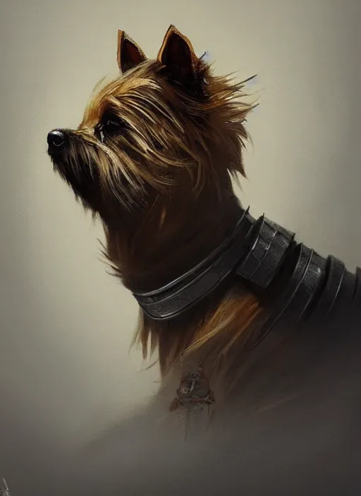 Image similar to norwich terrier as an samurai, backround dark, highly detailed, digital illustration, trending in artstation, modern painting, smooth, sharp focus, intricate, by peter mohrbacher