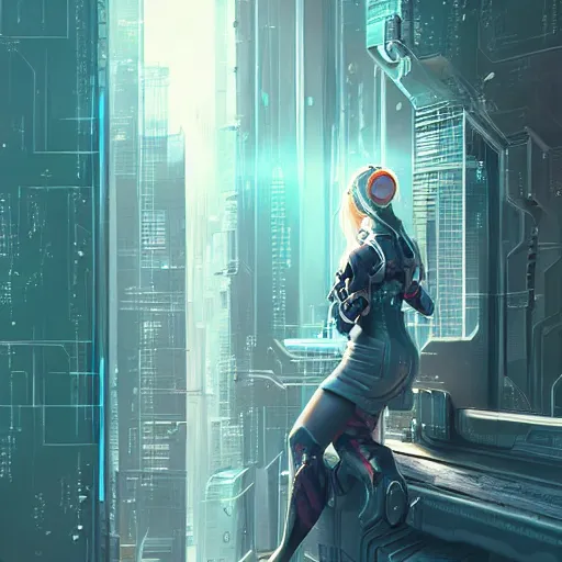 Image similar to art by rossdraws, portrait of cyberpunk woman looking out of a window, cyberpunk setting, futuristic, highly detailed, intricate lighting, digital painting, sharp focus, illustration, trending on artstation.