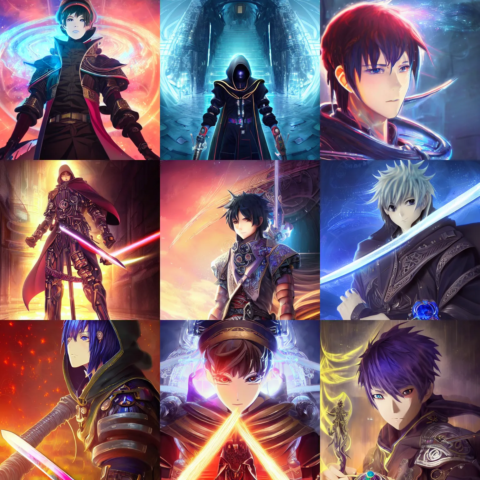 Prompt: 2. 5 d cgi anime fantasy portrait artwork of a hooded intricate cybernetic sorcerer warrior character with high quality glistening beautiful colors, rich moody atmosphere, reflections, specular highlights, omnipotent, megastructure realistic detailed background, brandishing iridescent cosmic sword, colourful 3 d crystals and gems, portrait in the style of makoto shinkai and greg rutkowski