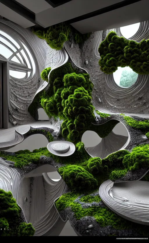 Image similar to highly detailed ultra sharp 3 d render villa interior cinematic composition of a smooth ceramic porcelain biomorphic magnolia stone nebula fluid fractal sci - fi surreal architecture landscape, granite, metallic, magnesium, marble, moss and lichen, vincent callebaut composition, mamou - mani, archviz, beautiful lighting, 8 k, unreal engine, hdr,