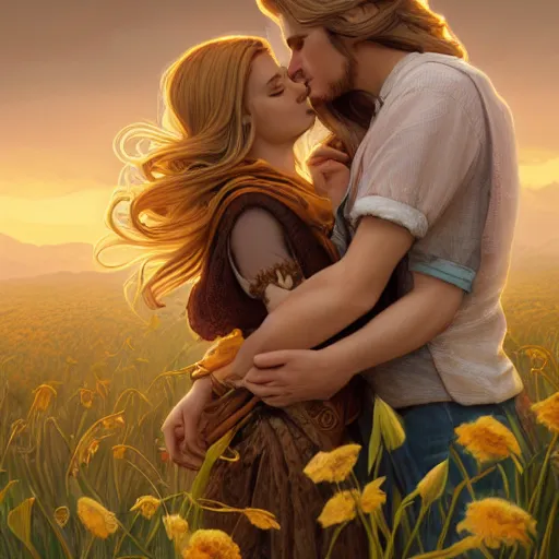 Prompt: a blonde guy and woman with brown hair hugging each other in a flower field at sundown, D&D, fantasy, intricate, elegant, highly detailed, digital painting, artstation, concept art, matte, sharp focus, illustration, hearthstone, art by Artgerm and Greg Rutkowski and Alphonse Mucha