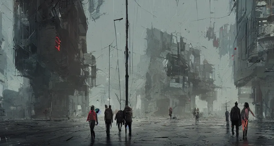 Prompt: a couple of people walking through a dirty city, a detailed matte painting by Ismail Inceoglu, cgsociety contest winner, remodernism, matte painting, apocalypse landscape, concept art