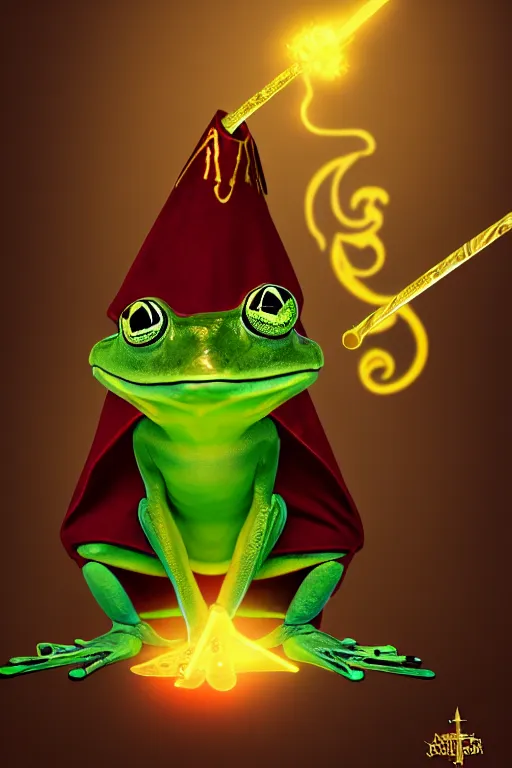 Image similar to frog mage in a gryffindor form with a magic wand, in hogwarts, high details, volume light, best composition, 4 k