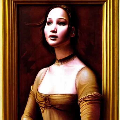 Prompt: a striking hyper real painting of Jennifer Lawrence by da Vinci.