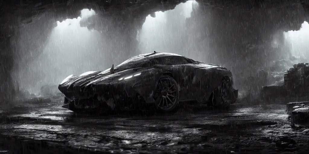 Prompt: the batmobile standing in a very dark and wet cave. highly detailed. intricate. mist. atmospheric. octane render. rim light. photoreal. 8 k. monochrome. cinematic. matte painting imagined by craig mullins and greg rutkowski. concept art, trending on artstation.