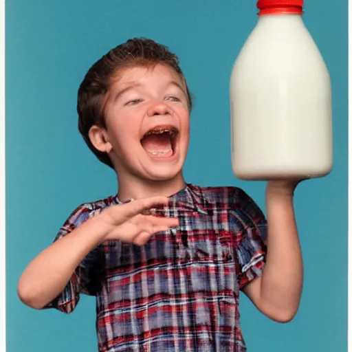 Image similar to milk commercial, kid is holding a comically huge vessel of milk and failing to drink it