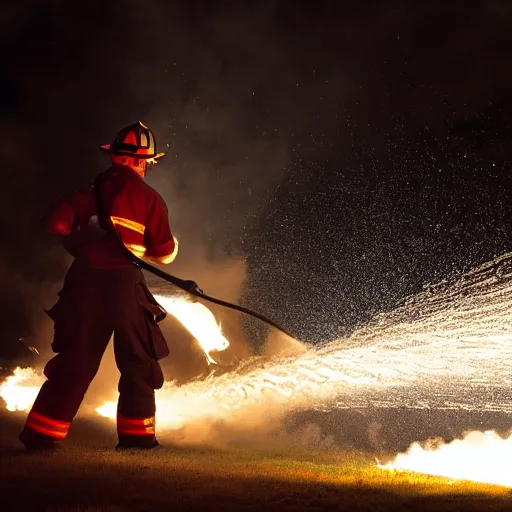 Image similar to photo of a firefighter using a flamethrower projecting a long bright flame. award-winning, highly-detailed