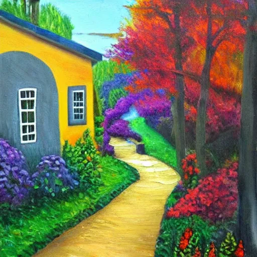 Image similar to fairytale house, amazing colors, path leading to the house, oil painting, trending,