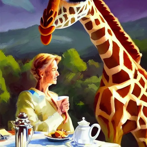 Image similar to a giraffe dressed like an astronaut drinking tea with queen isabel, trending on artstation, art by greg manchess, guangjian, detailed digital art, artstation hd