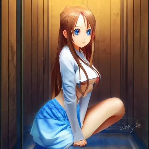 Image similar to a very beautiful young yuuki asuna sitting in a dark prison cell, full body, long wavy blond hair, sky blue eyes, full round face,, shiny golden bikini, miniskirt, front shot, sitting in a dark prison cell, highly detailed, cinematic wallpaper by stanley artgerm lau