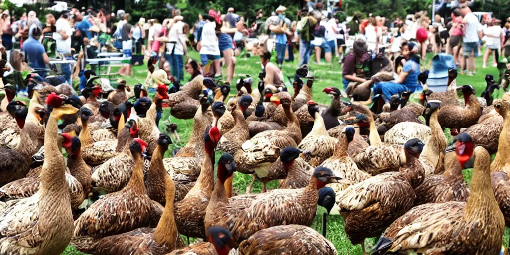 Image similar to summer music festival full of fowl. no humans. tex fowl